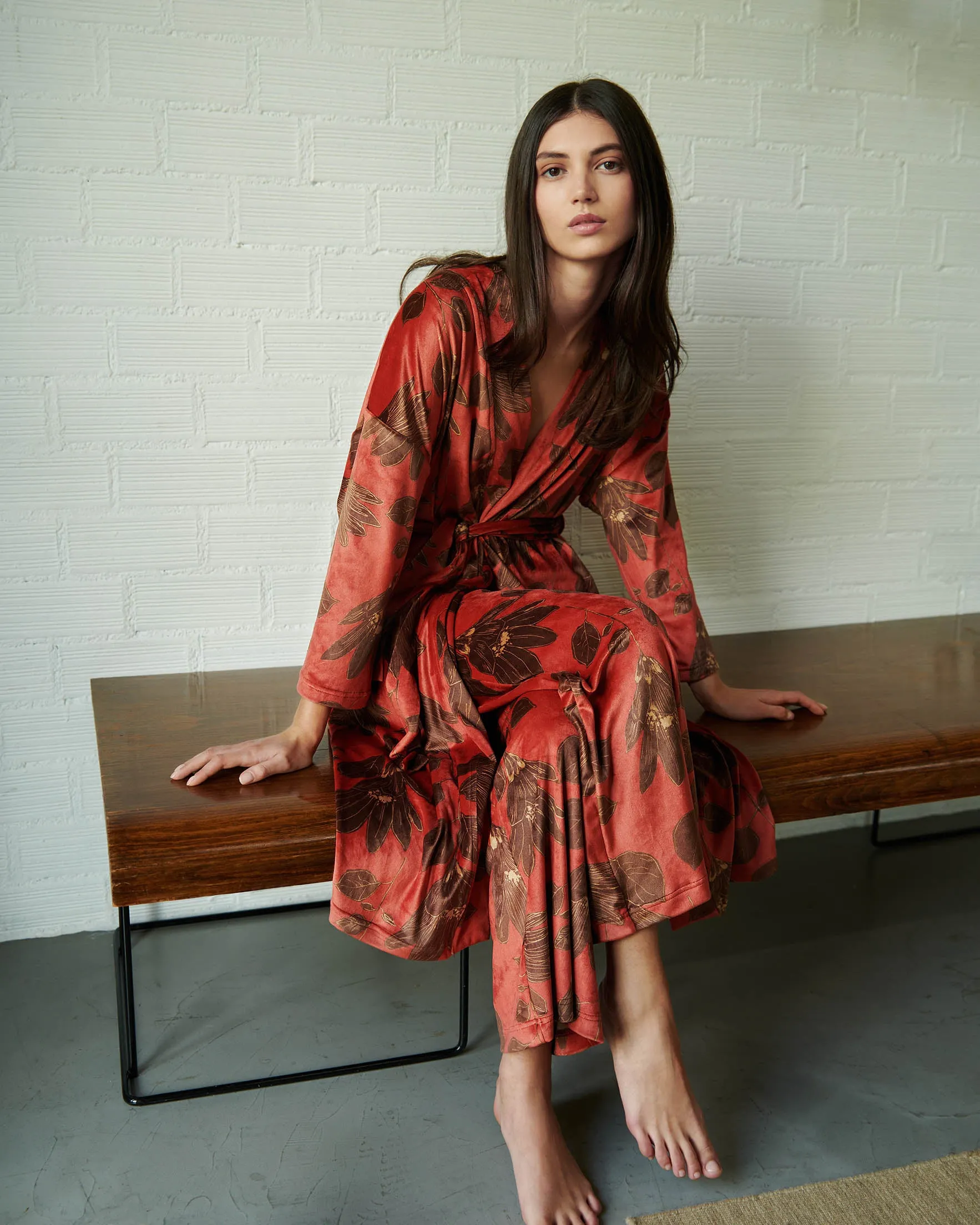 Red Nova Lily Print Velvet Robe / Dressing Gown By Vamp - S-3XL