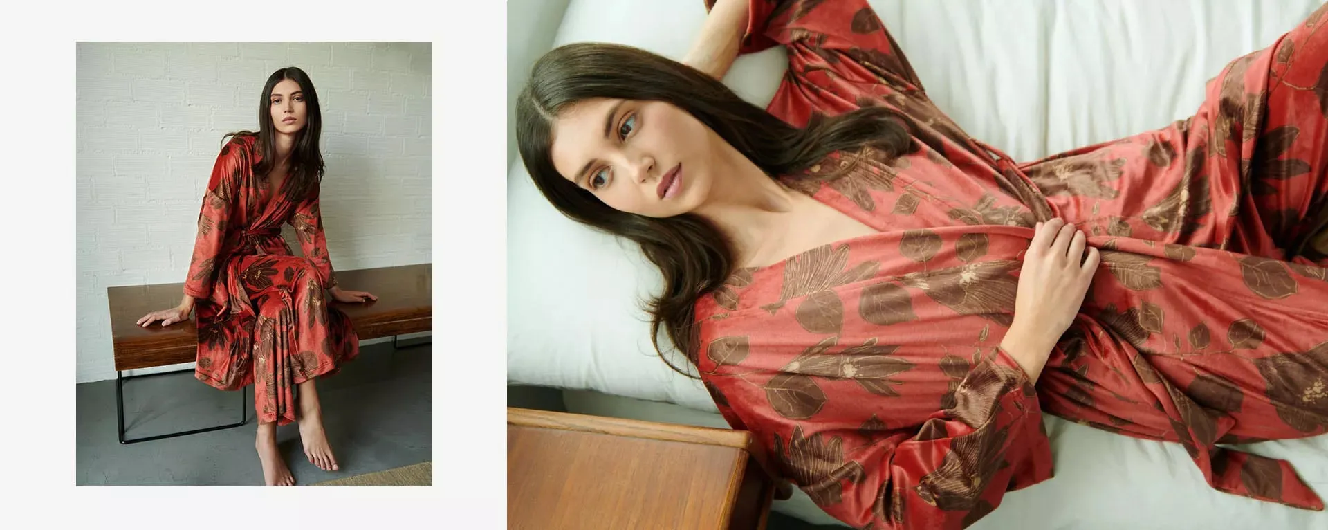 Red Nova Lily Print Velvet Robe / Dressing Gown By Vamp - S-3XL
