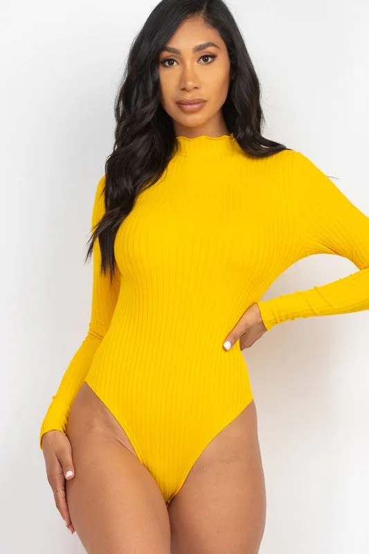 Ribbed Lettuce Edge Mock Neck Long Sleeve Bodysuit