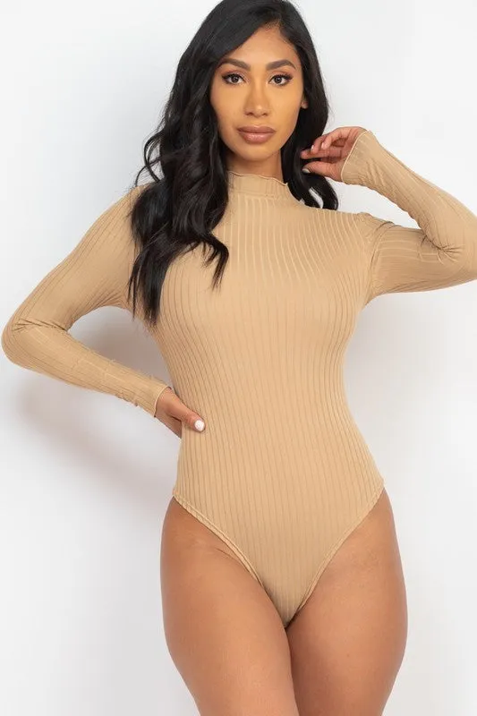 Ribbed Lettuce Edge Mock Neck Long Sleeve Bodysuit
