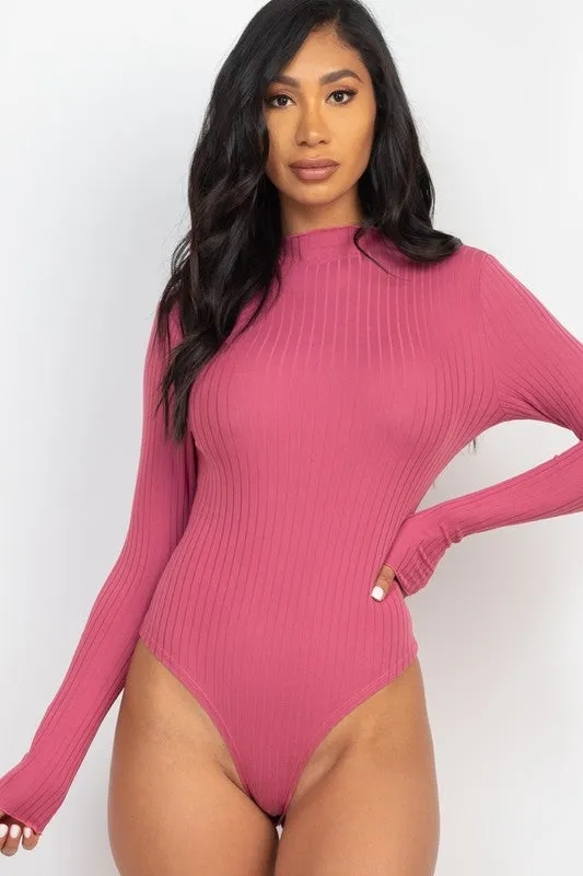 Ribbed Lettuce Edge Mock Neck Long Sleeve Bodysuit