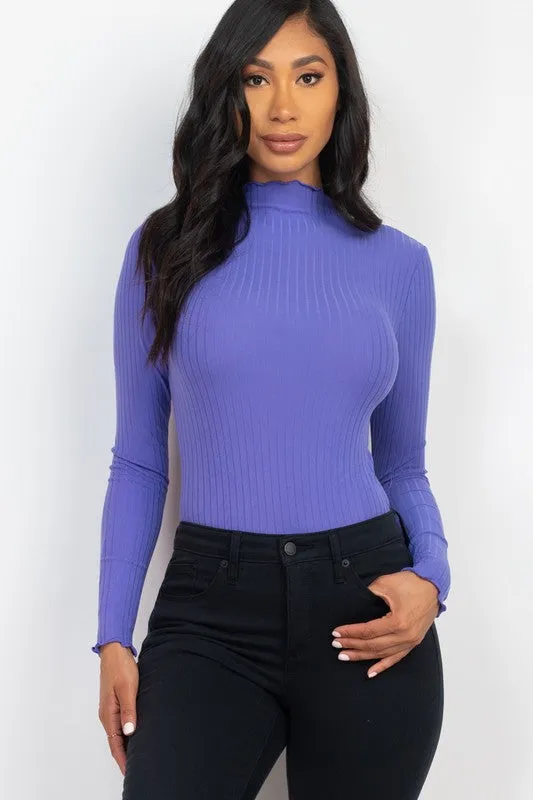 Ribbed Lettuce Edge Mock Neck Long Sleeve Bodysuit
