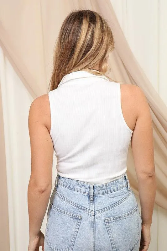 ribbed sleeveless collared bodysuit