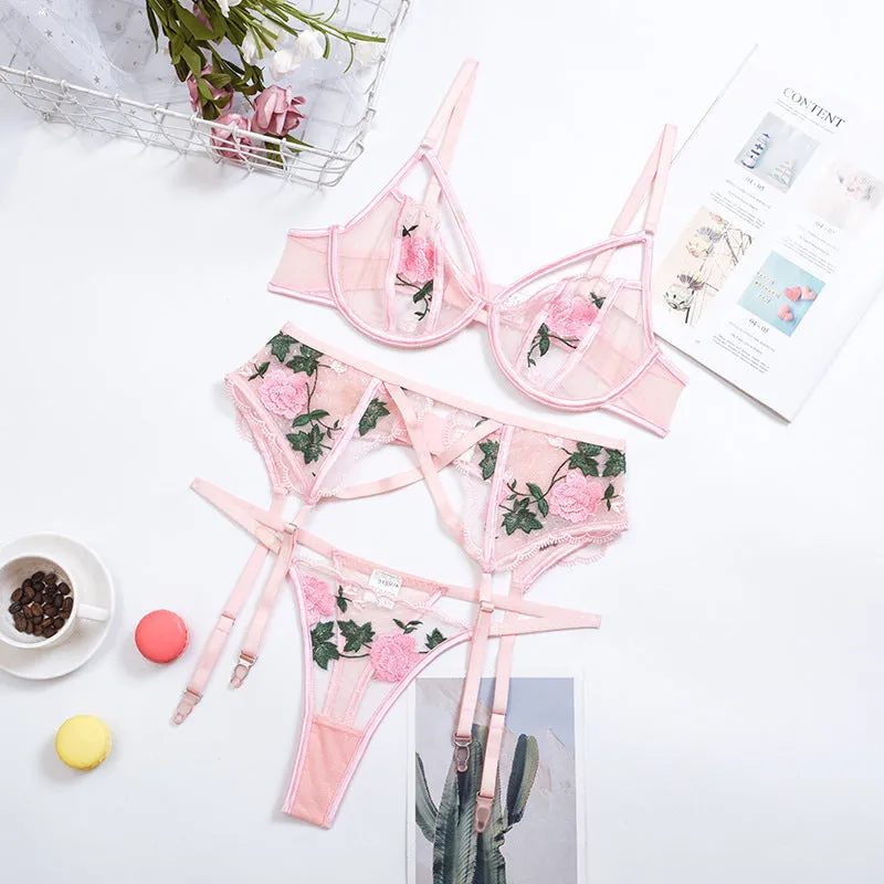 Rose Embroided 3 Piece Matching Lingerie Set | Pink, Black or White