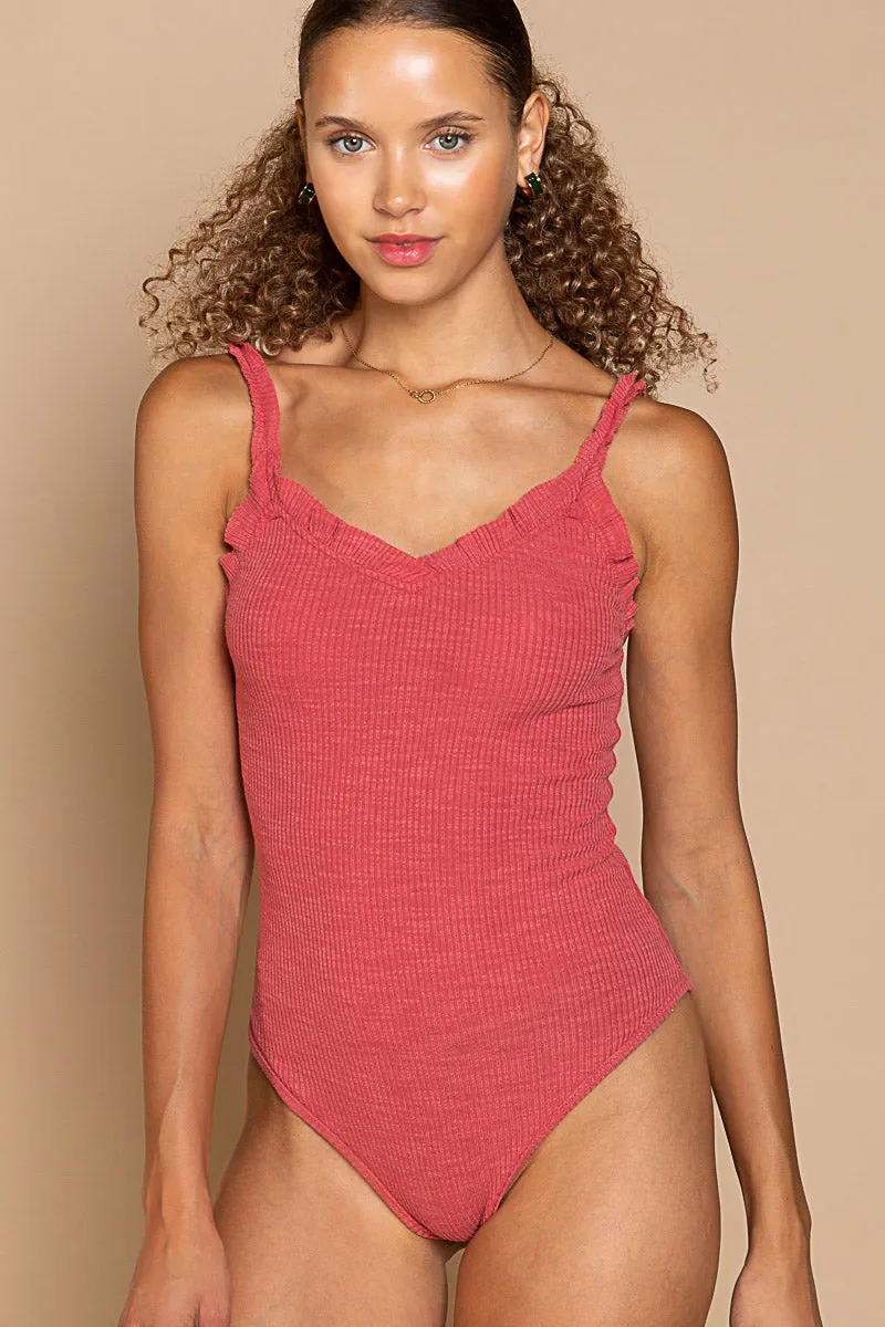 Ruffle Trim Ribbed Bodysuit