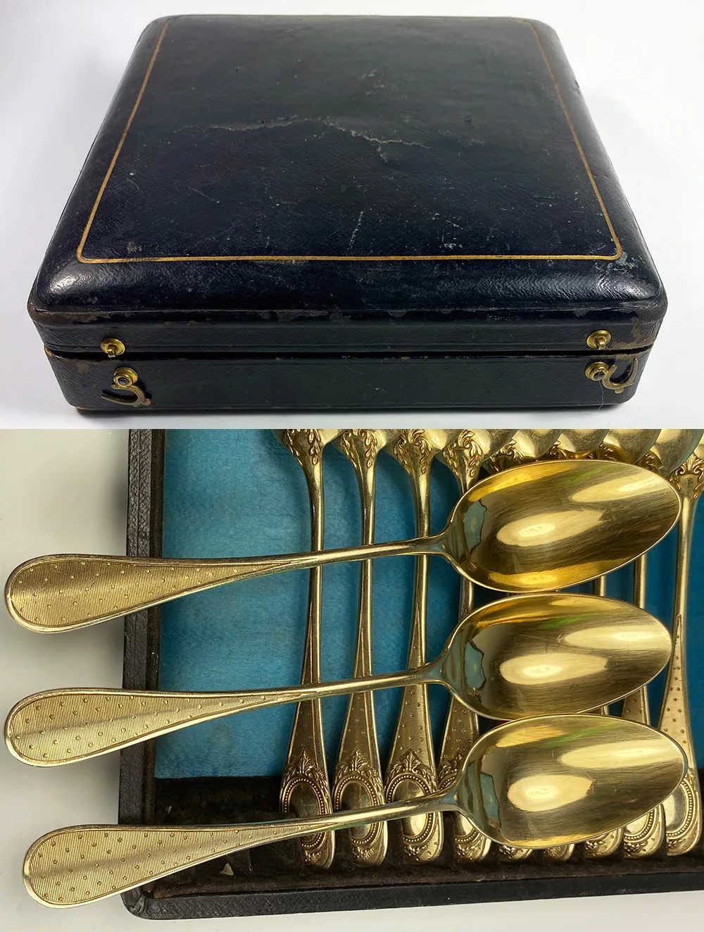 Set of 12 Henin & Cie (Co) French Sterling Silver and 18k Gold Vermeil Spoons in Box, c.1900