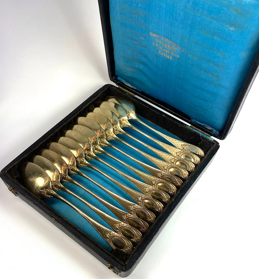 Set of 12 Henin & Cie (Co) French Sterling Silver and 18k Gold Vermeil Spoons in Box, c.1900