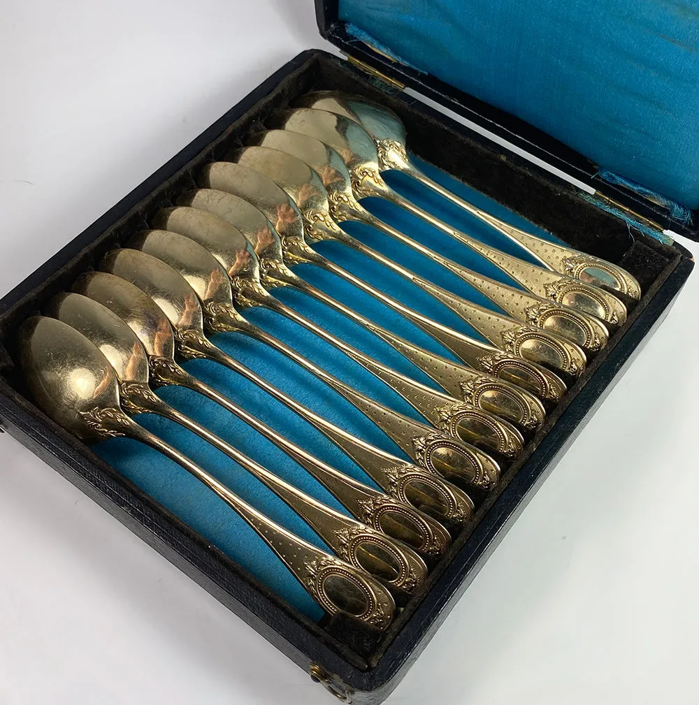 Set of 12 Henin & Cie (Co) French Sterling Silver and 18k Gold Vermeil Spoons in Box, c.1900