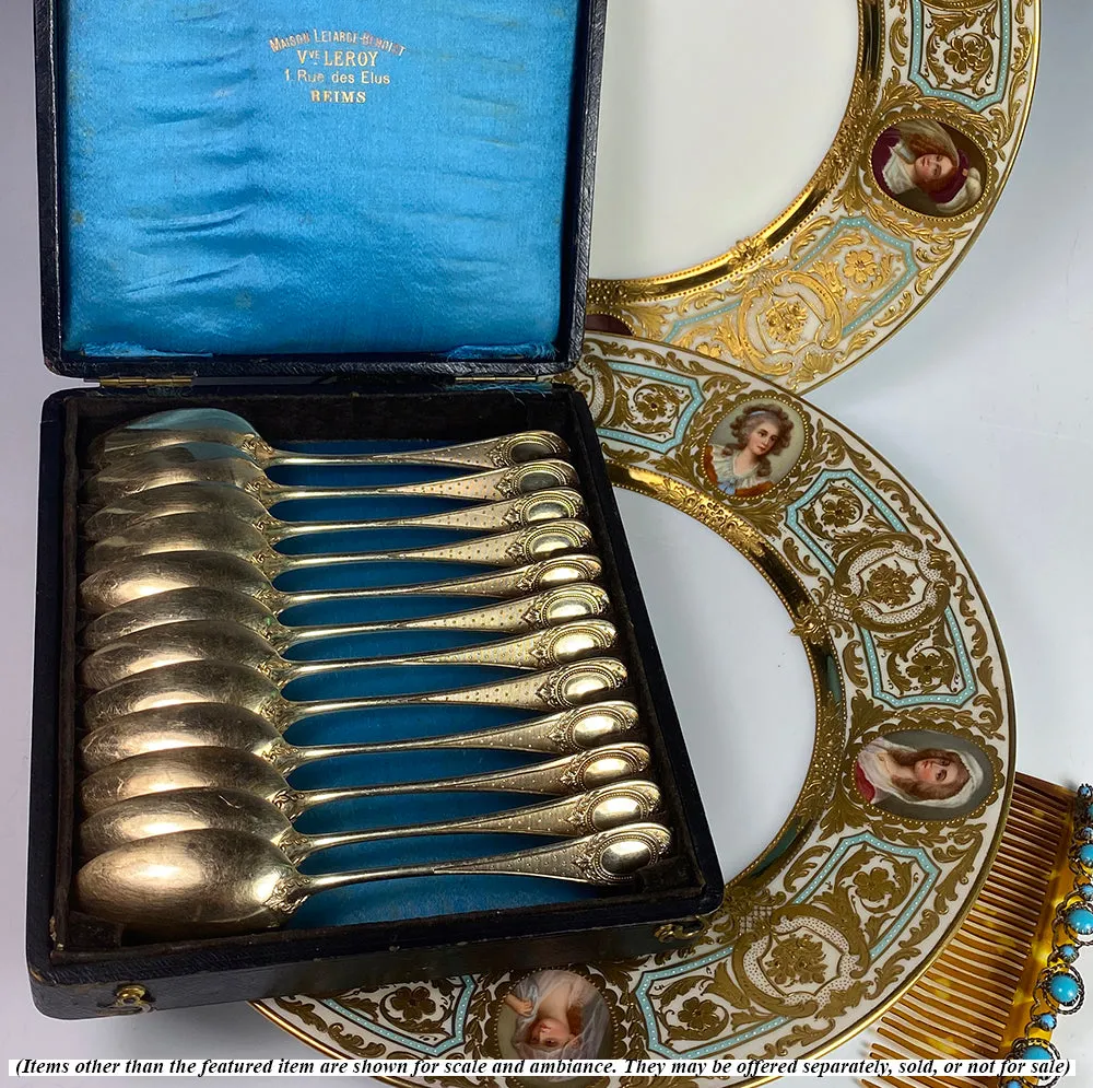 Set of 12 Henin & Cie (Co) French Sterling Silver and 18k Gold Vermeil Spoons in Box, c.1900