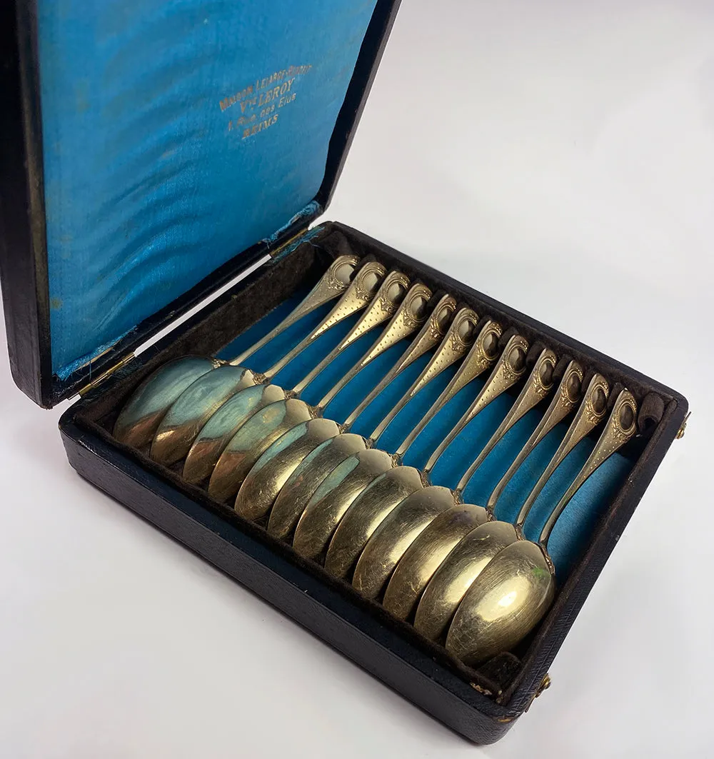Set of 12 Henin & Cie (Co) French Sterling Silver and 18k Gold Vermeil Spoons in Box, c.1900