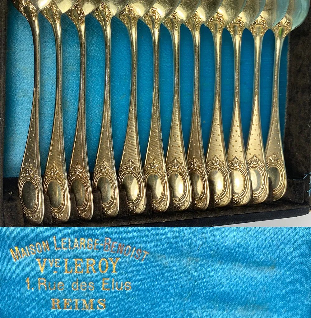 Set of 12 Henin & Cie (Co) French Sterling Silver and 18k Gold Vermeil Spoons in Box, c.1900