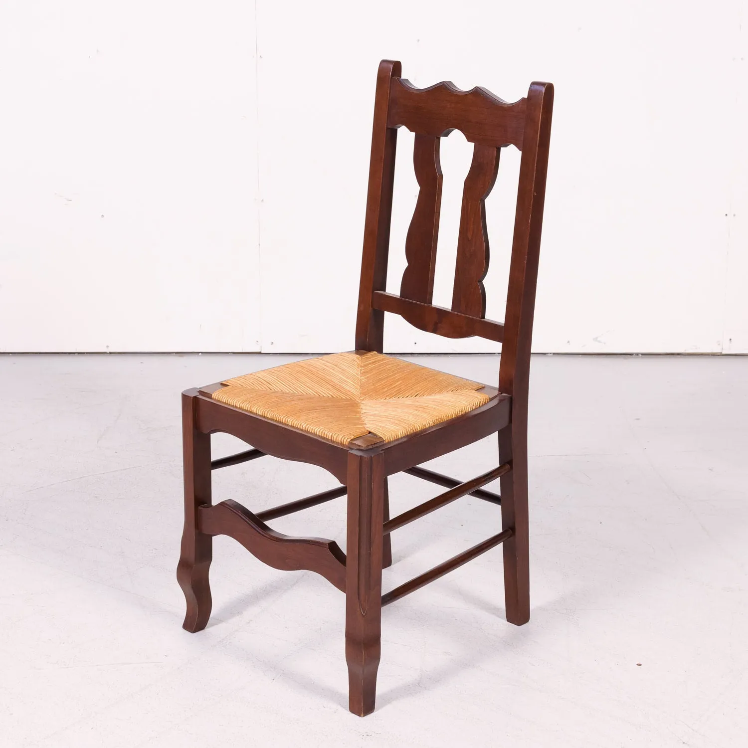 Set of 8 Antique Country French Hand Carved Oak Dining Side Chairs with Rush Seats