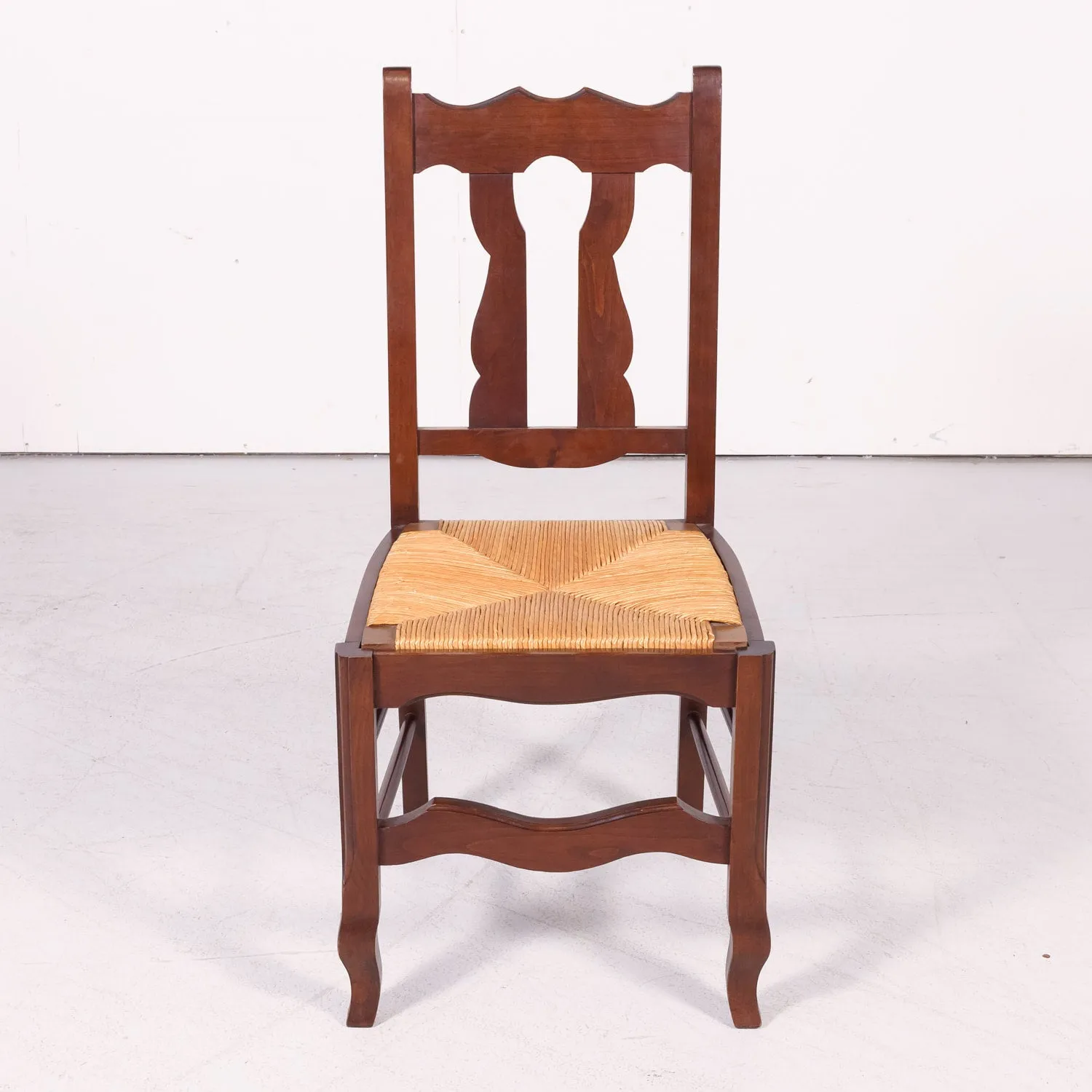 Set of 8 Antique Country French Hand Carved Oak Dining Side Chairs with Rush Seats