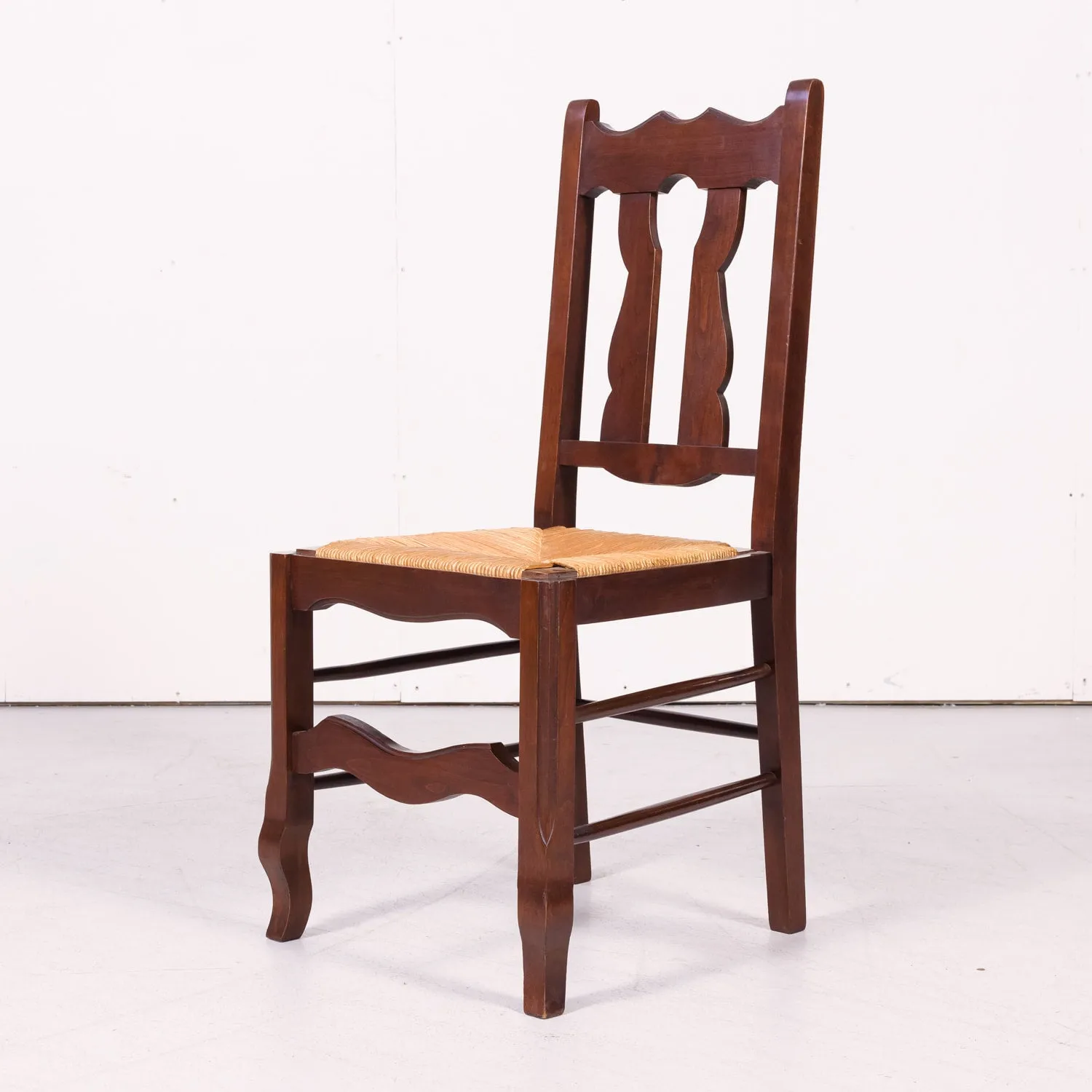 Set of 8 Antique Country French Hand Carved Oak Dining Side Chairs with Rush Seats