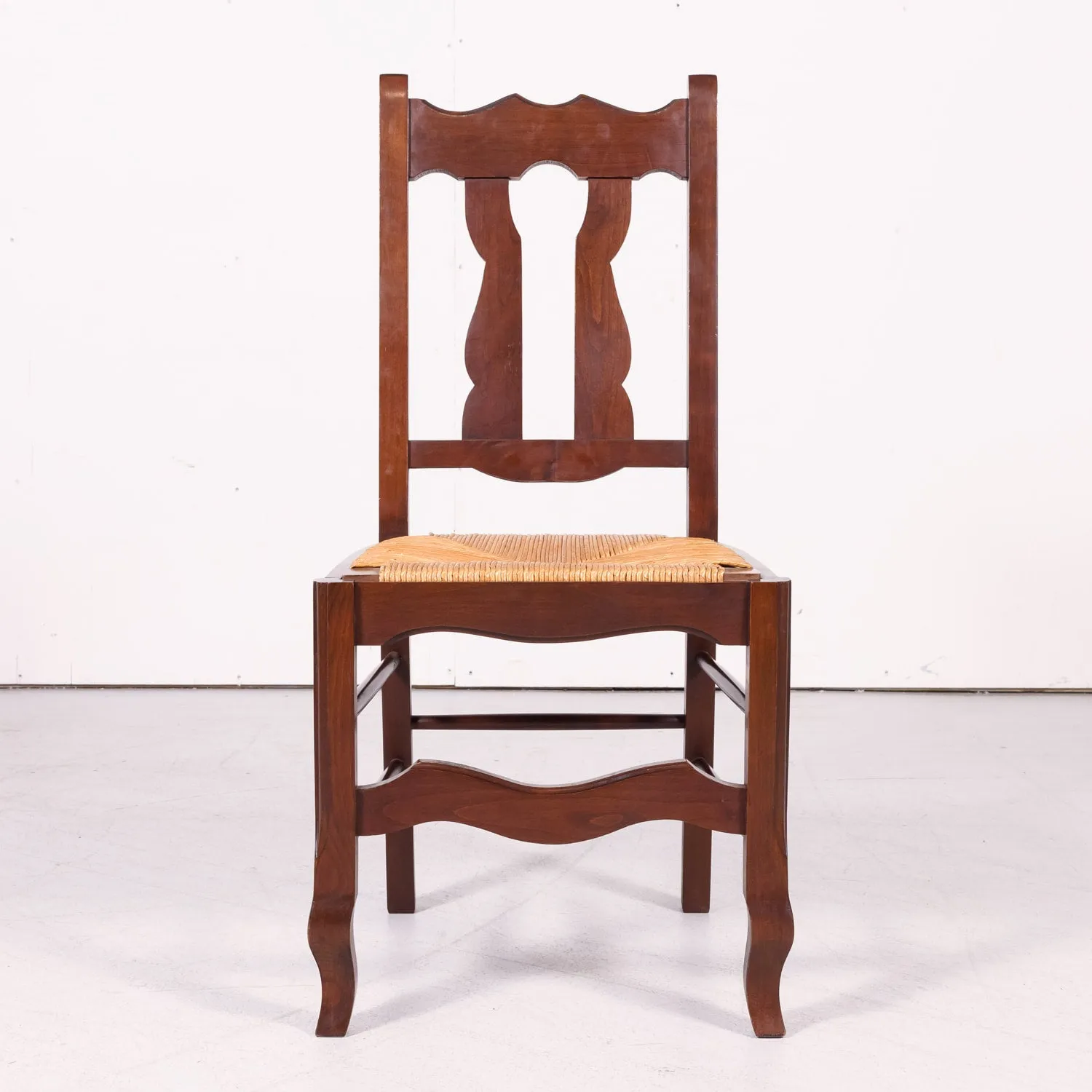 Set of 8 Antique Country French Hand Carved Oak Dining Side Chairs with Rush Seats