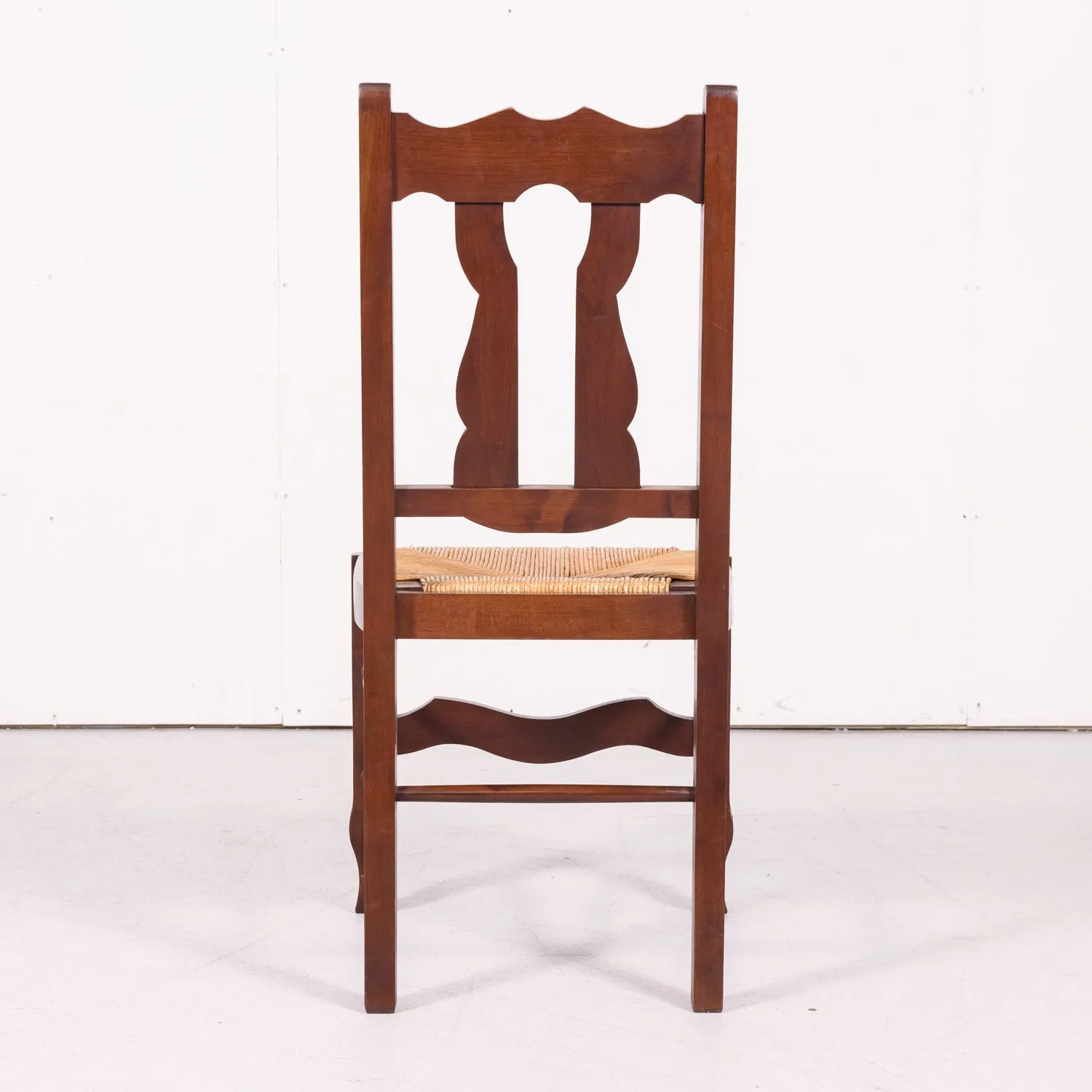 Set of 8 Antique Country French Hand Carved Oak Dining Side Chairs with Rush Seats