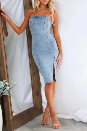 Sexy Solid Slit Zipper Strapless Sleeveless Regular Denim Dresses