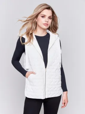 Short Quilted Puffer Vest With Hood - Ecru