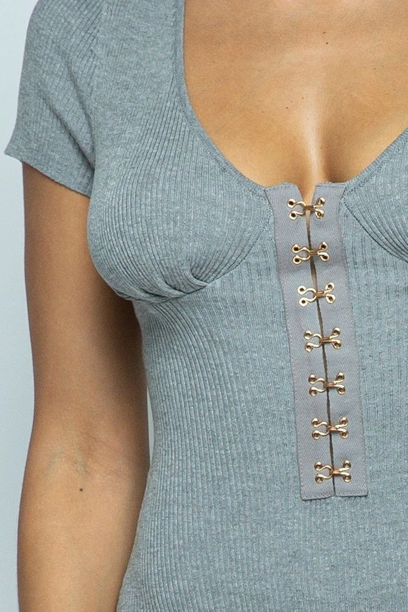 Short Sleeve Hook And Eye Ribbed Knit Bodysuit
