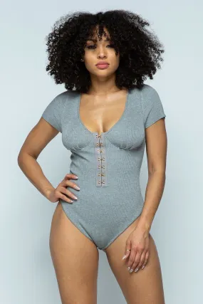 Short Sleeve Hook And Eye Ribbed Knit Bodysuit