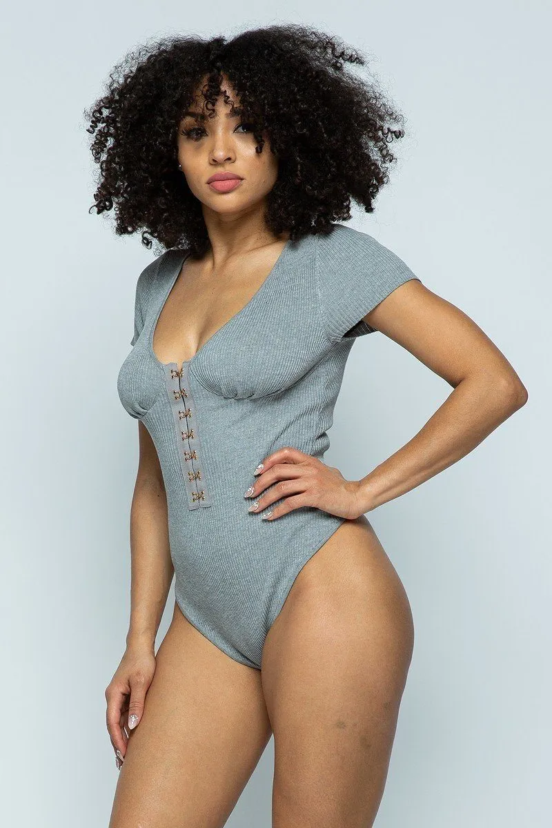 Short Sleeve Hook And Eye Ribbed Knit Bodysuit