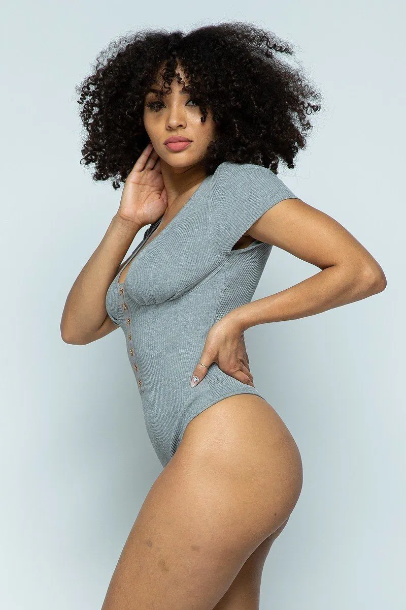 Short Sleeve Hook And Eye Ribbed Knit Bodysuit