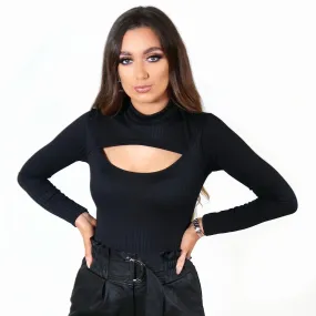 Simone Black Long Sleeve Ribbed Knit Cut Out Turtle Neck Bodysuit