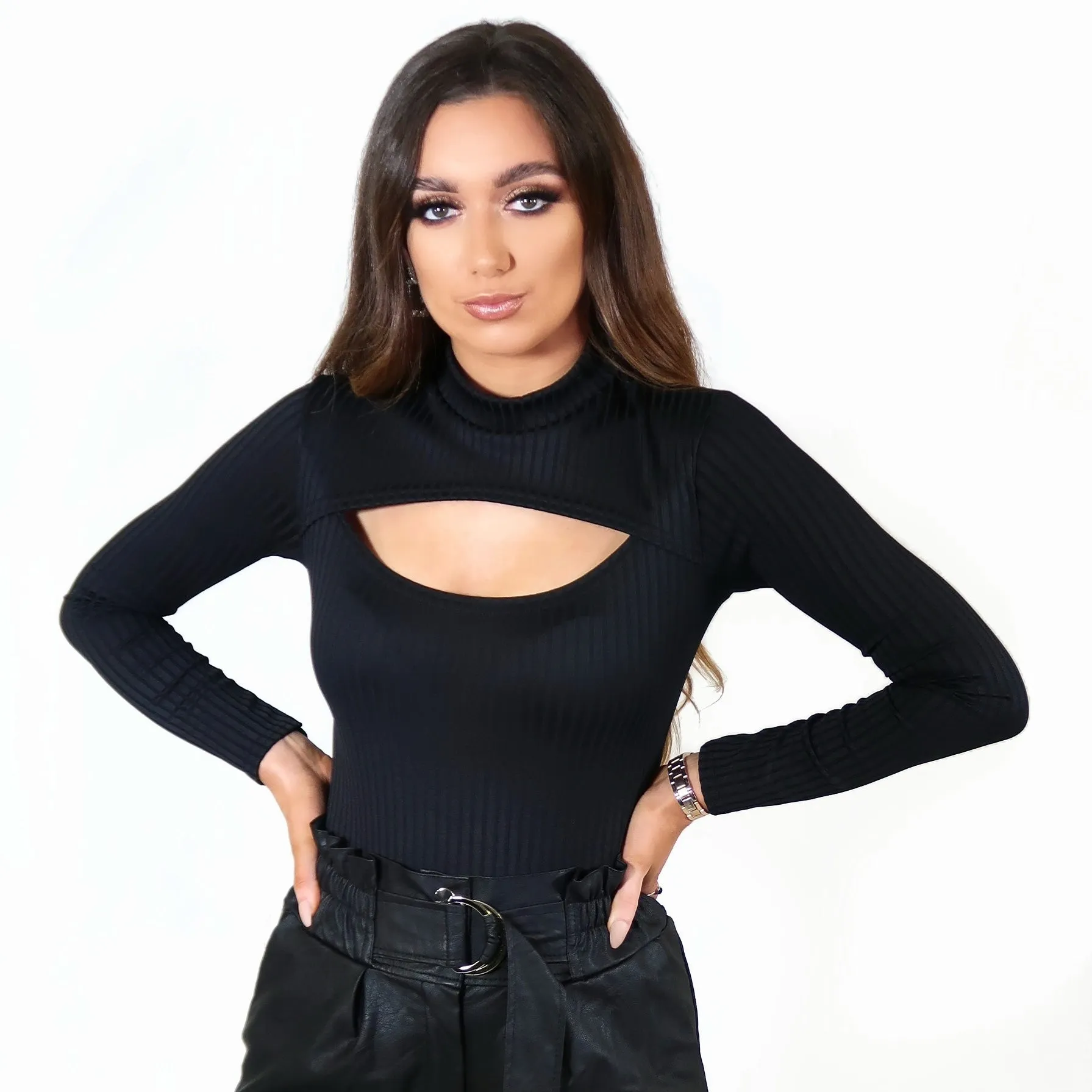 Simone Black Long Sleeve Ribbed Knit Cut Out Turtle Neck Bodysuit