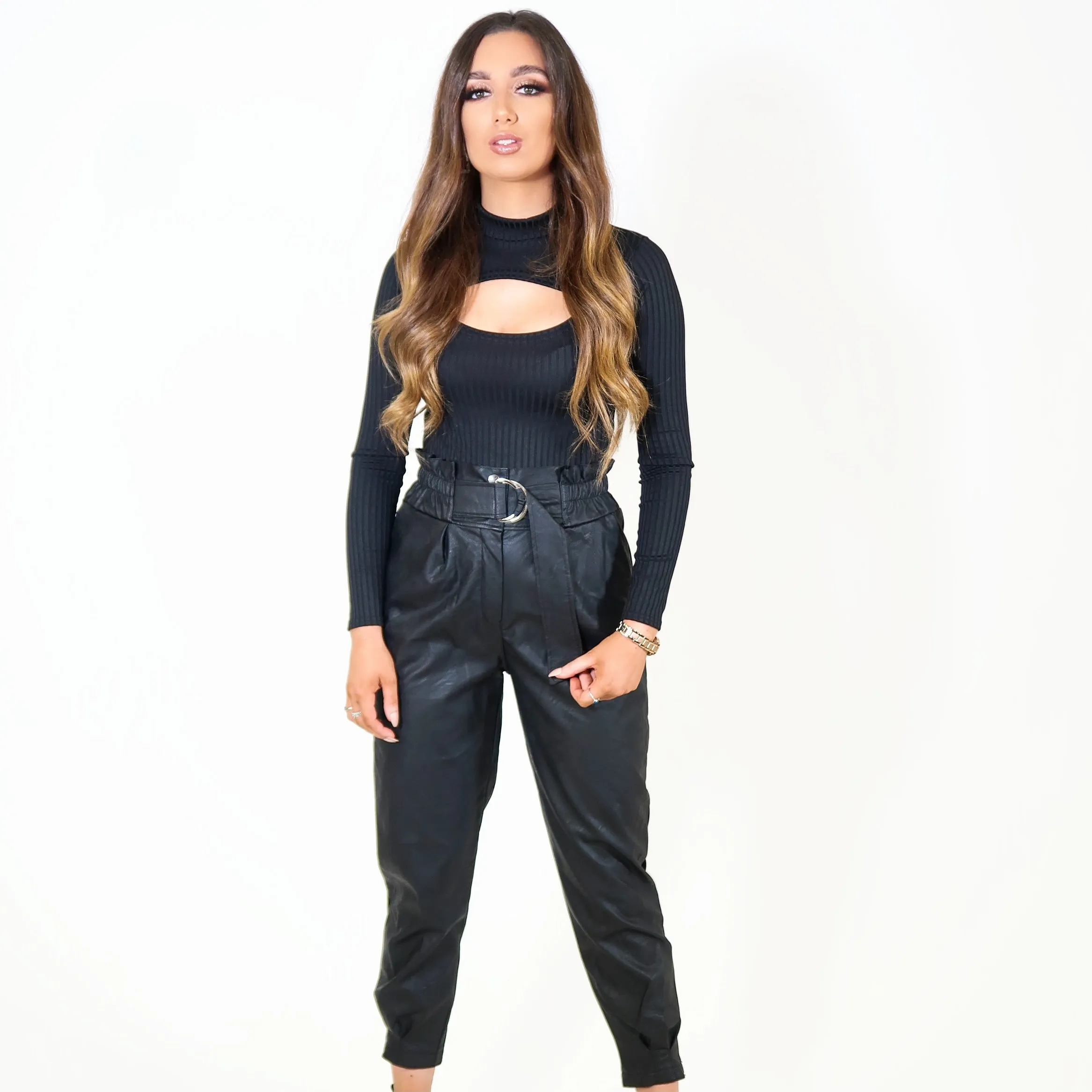 Simone Black Long Sleeve Ribbed Knit Cut Out Turtle Neck Bodysuit