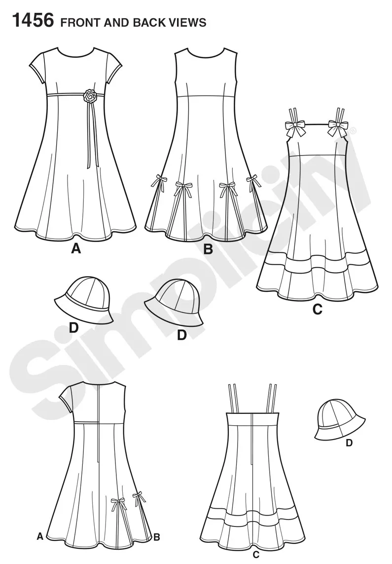 Simplicity Pattern 1456 Girls' Dress with Bodice Variations and Hat