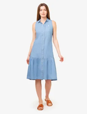 SLEEVELESS TIERED CHAMBRAY DRESS
