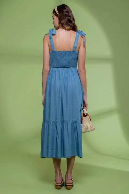 Smocked Chambray Midi Dress