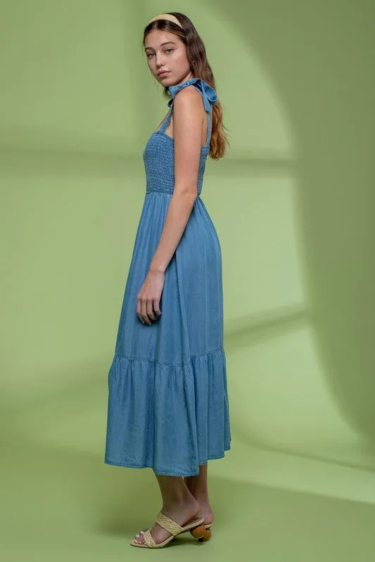 Smocked Chambray Midi Dress
