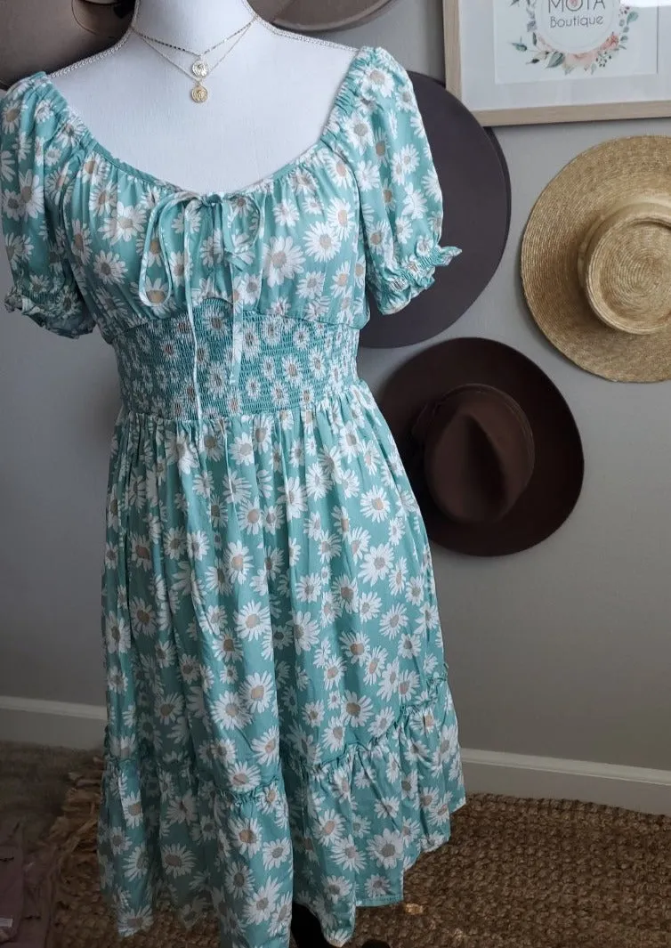 SMOCKED FLORAL SWEETHEART MINI DRESS