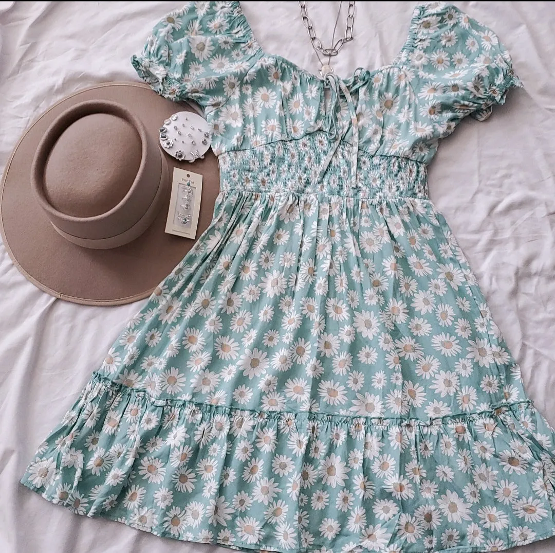SMOCKED FLORAL SWEETHEART MINI DRESS