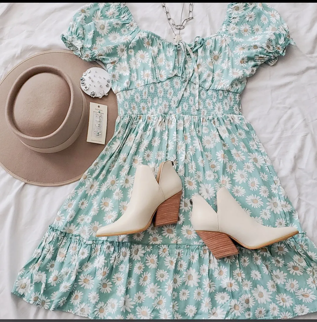 SMOCKED FLORAL SWEETHEART MINI DRESS