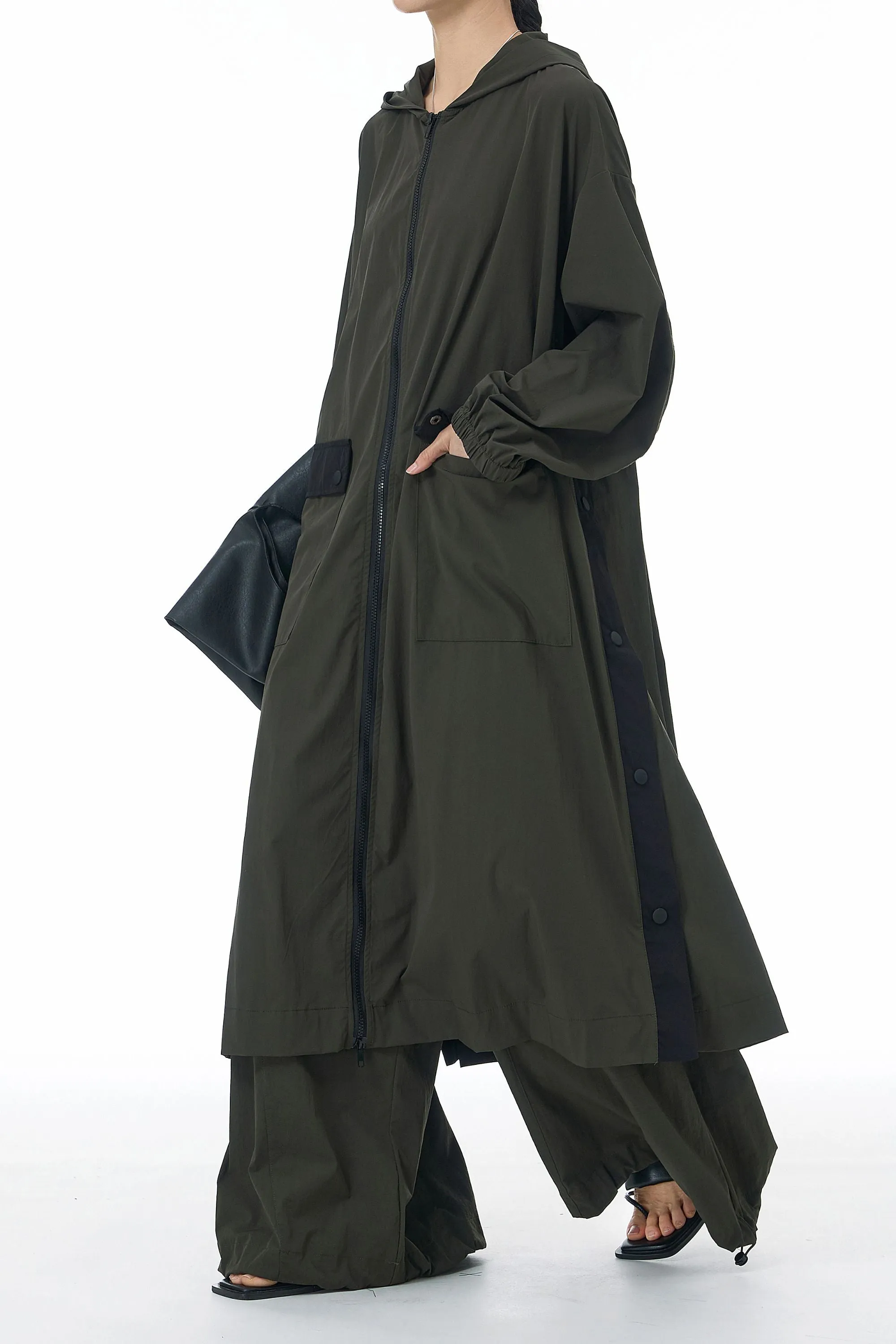 SnapHood Green Zippered Trench Coat