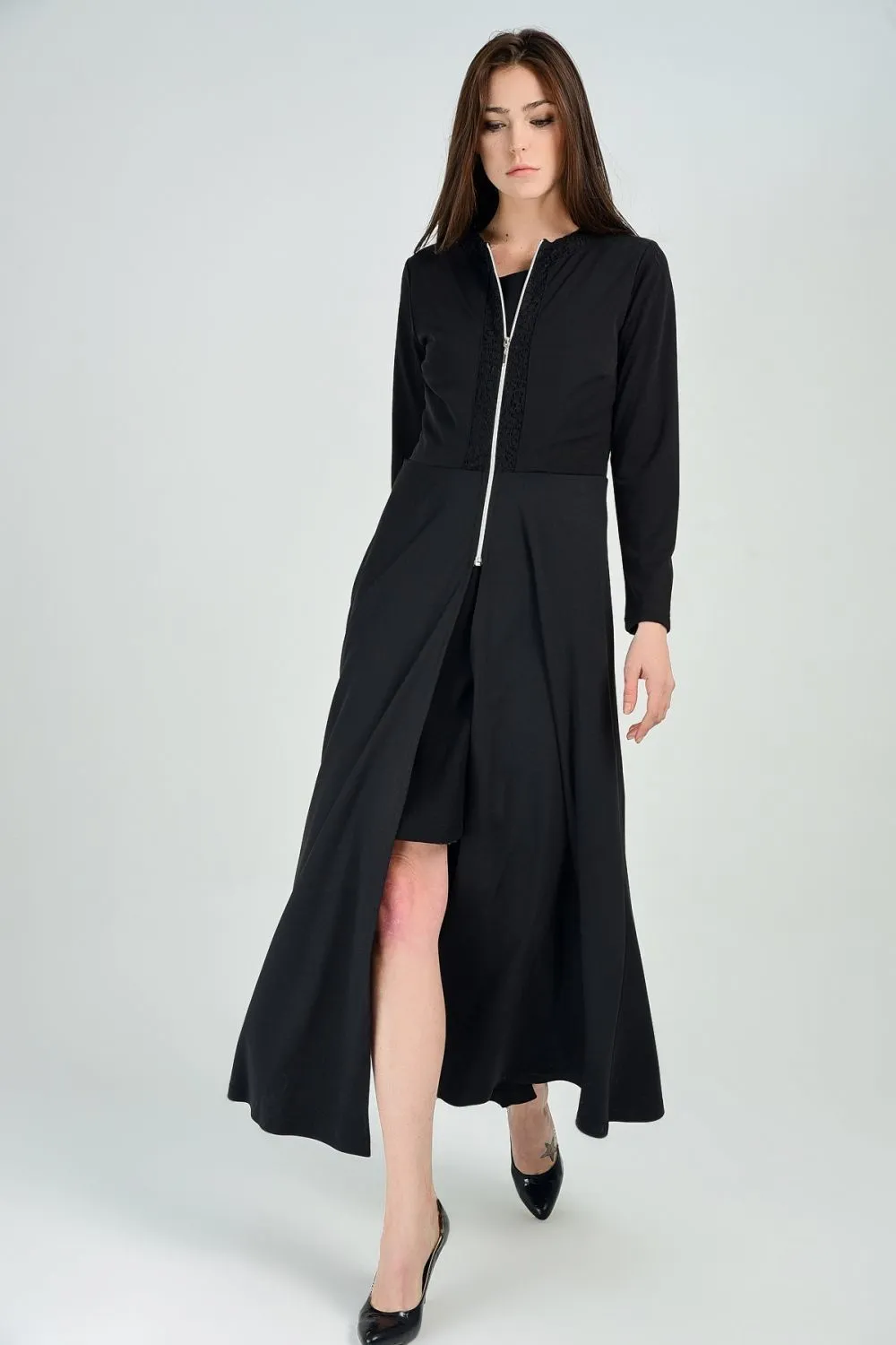 SNS Sense Black Front Zippered Dress with Lace Trimmed Collar - Buzău