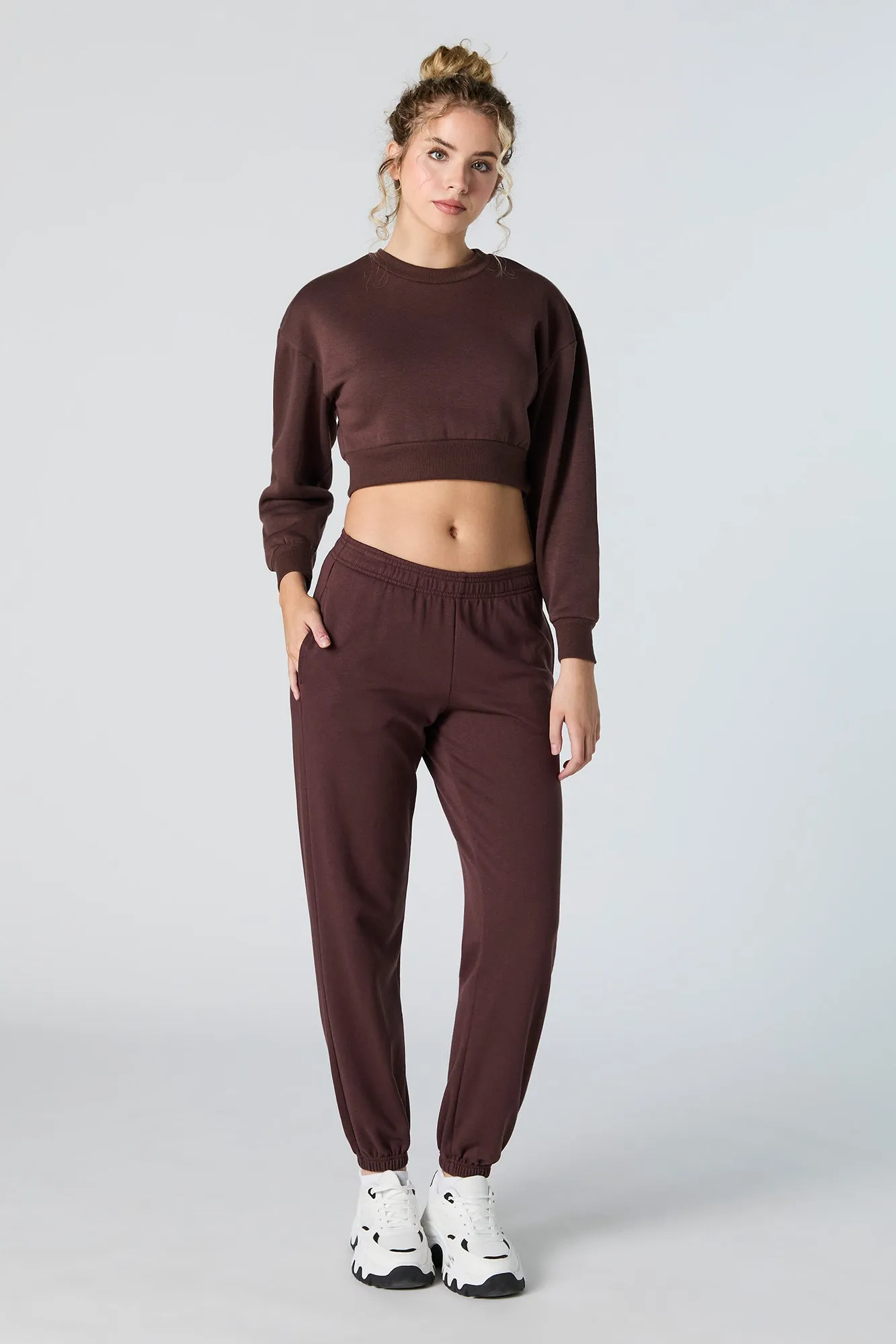 Solid Fleece Cropped Sweatshirt