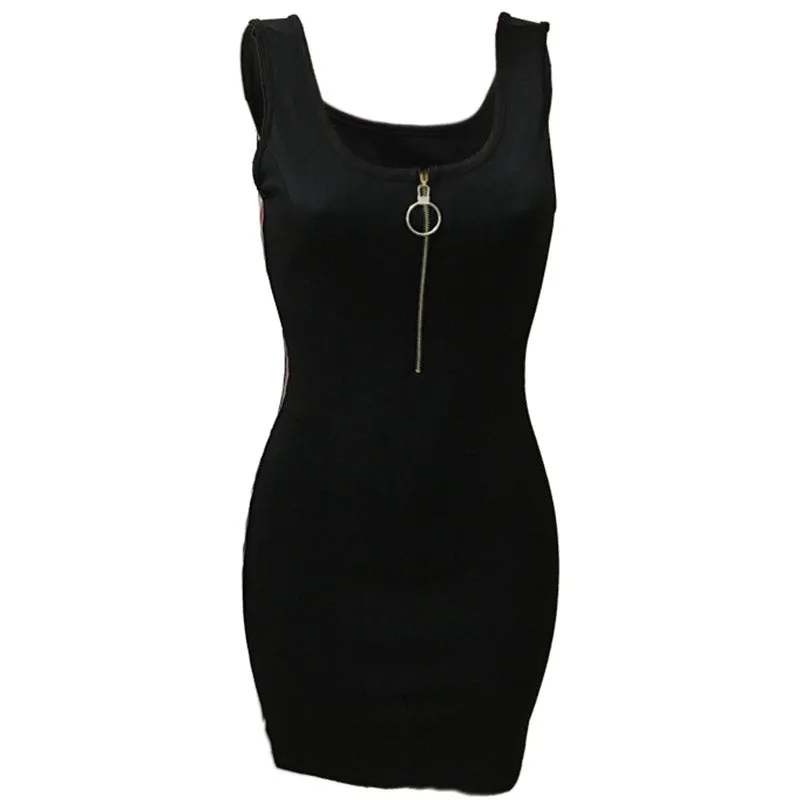 Speedy Vest Mini Dress - Black #Black #Sleeveless #Stripe #Zipper