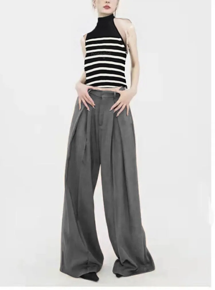 Summer Casual Office Wear Sets Classic Stripe Tank Top and Trendy Loose Khaki Pant Sets