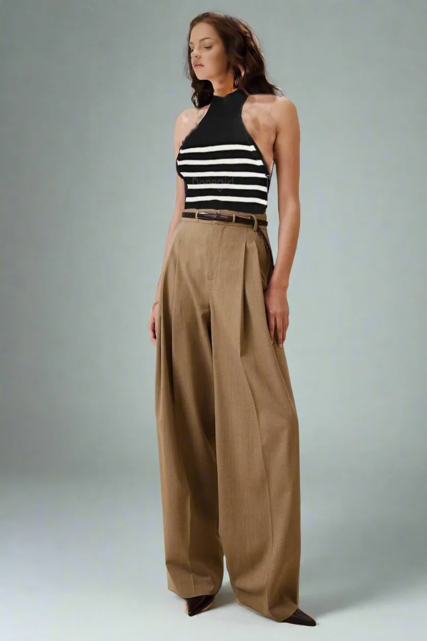 Summer Casual Office Wear Sets Classic Stripe Tank Top and Trendy Loose Khaki Pant Sets