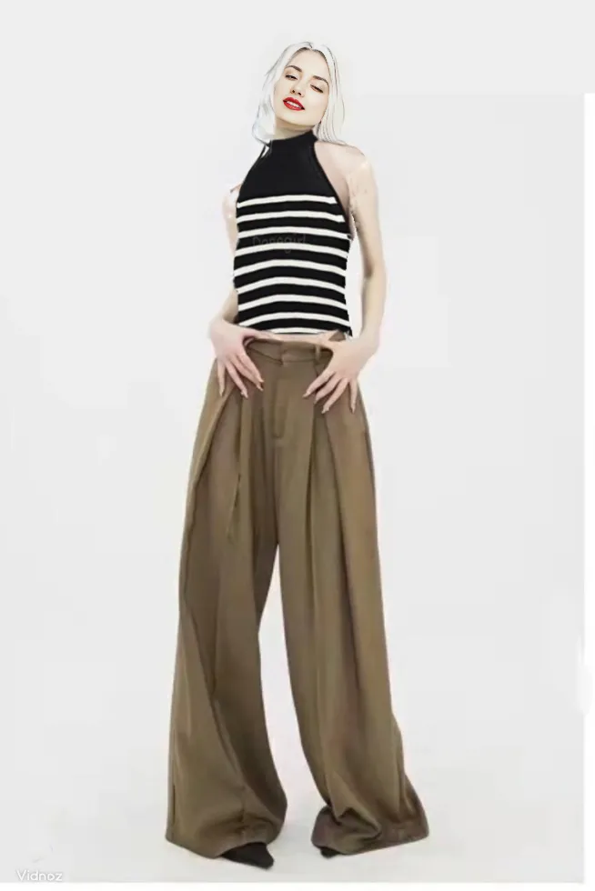 Summer Casual Office Wear Sets Classic Stripe Tank Top and Trendy Loose Khaki Pant Sets