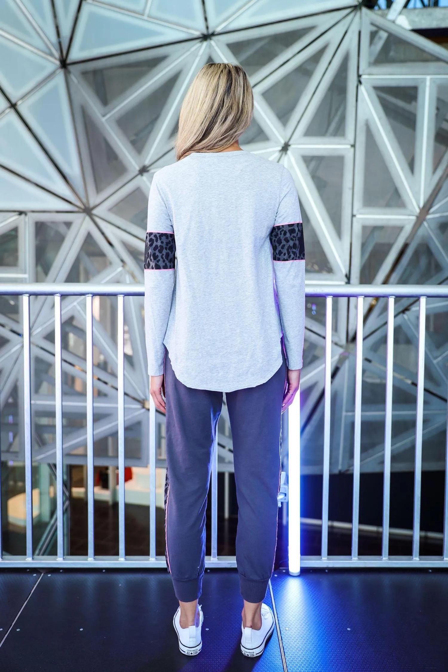 Sylvie Leopard Print Banded Sleeve Grey T Shirt