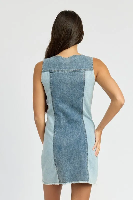 TEEK - BLUE COMBO COLOR BLOCK DENIM DRESS
