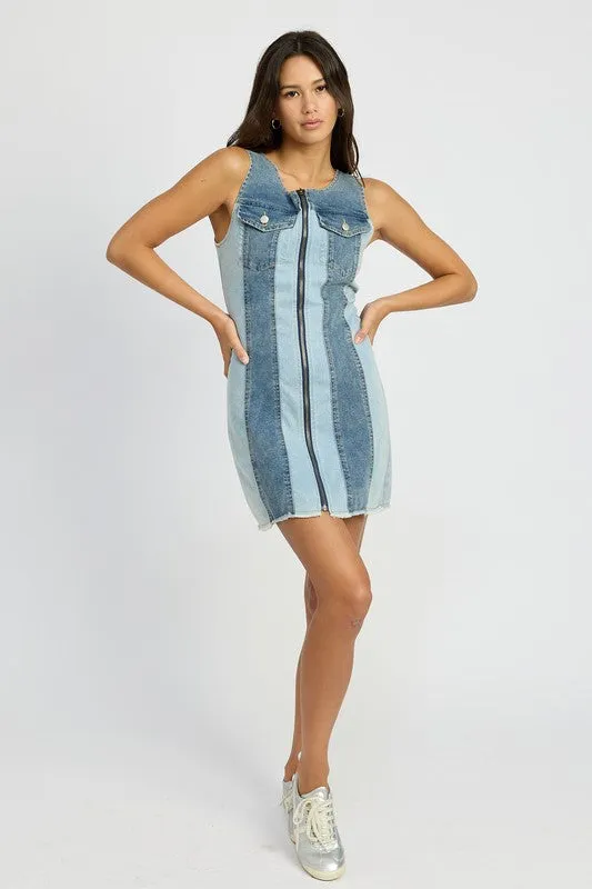 TEEK - BLUE COMBO COLOR BLOCK DENIM DRESS