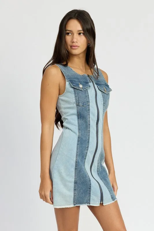 TEEK - BLUE COMBO COLOR BLOCK DENIM DRESS