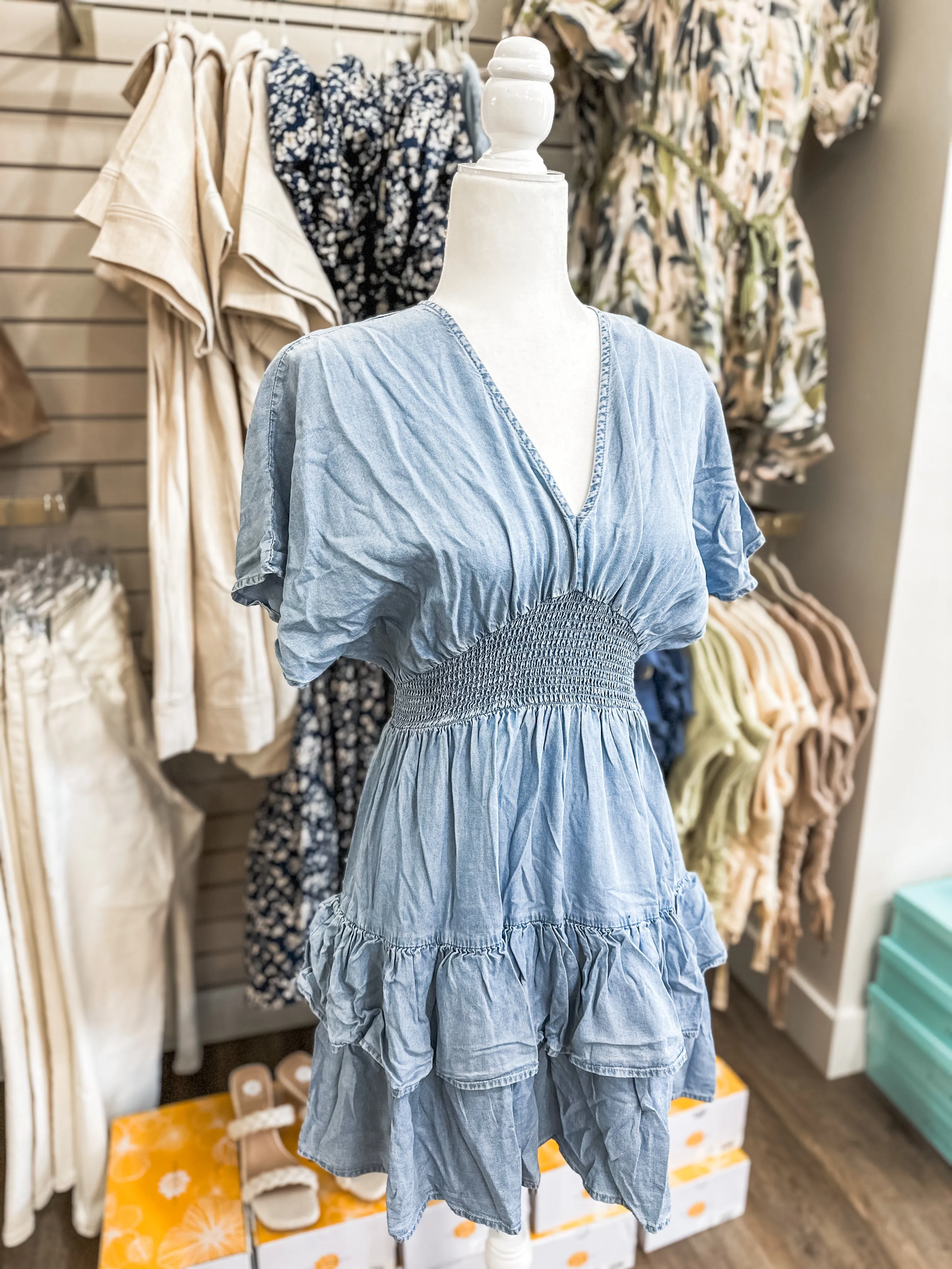 Texas Here She Comes Drop Shoulder Chambray Dress