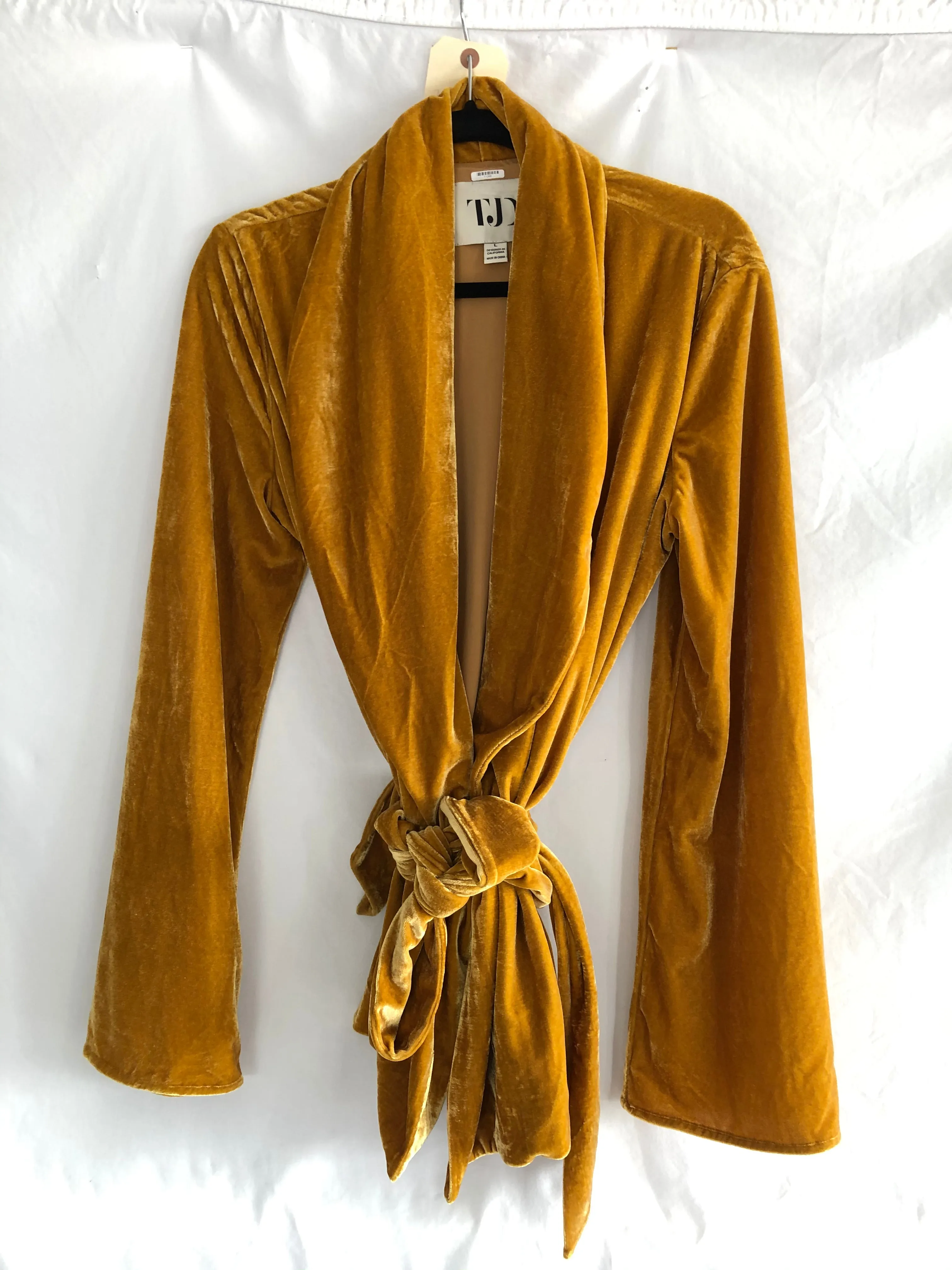 THE JETSET DIARIES women's ochre velvet "Golden Hour Robe" with belt, L