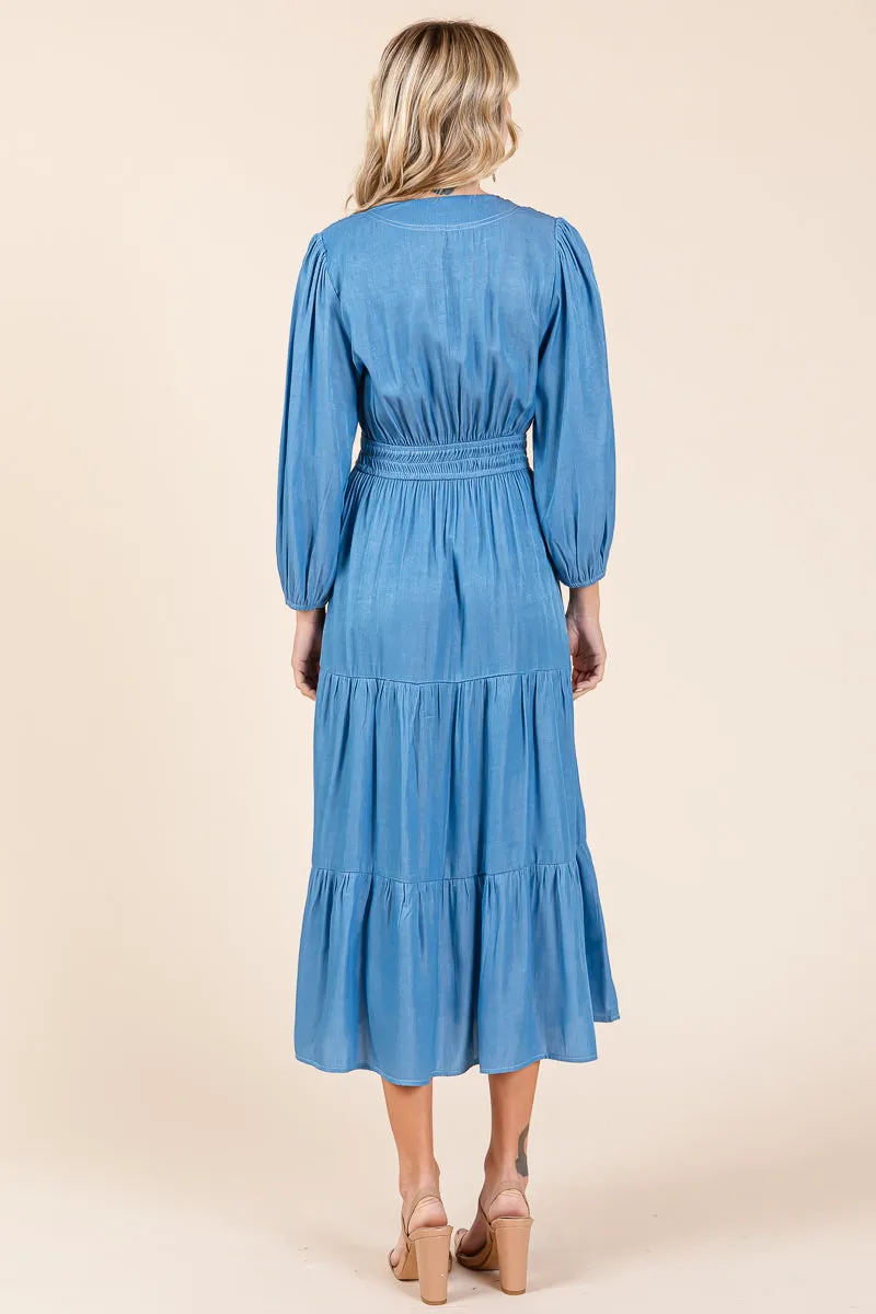 Tiered V Neck Chambray Pleated Midi Dress